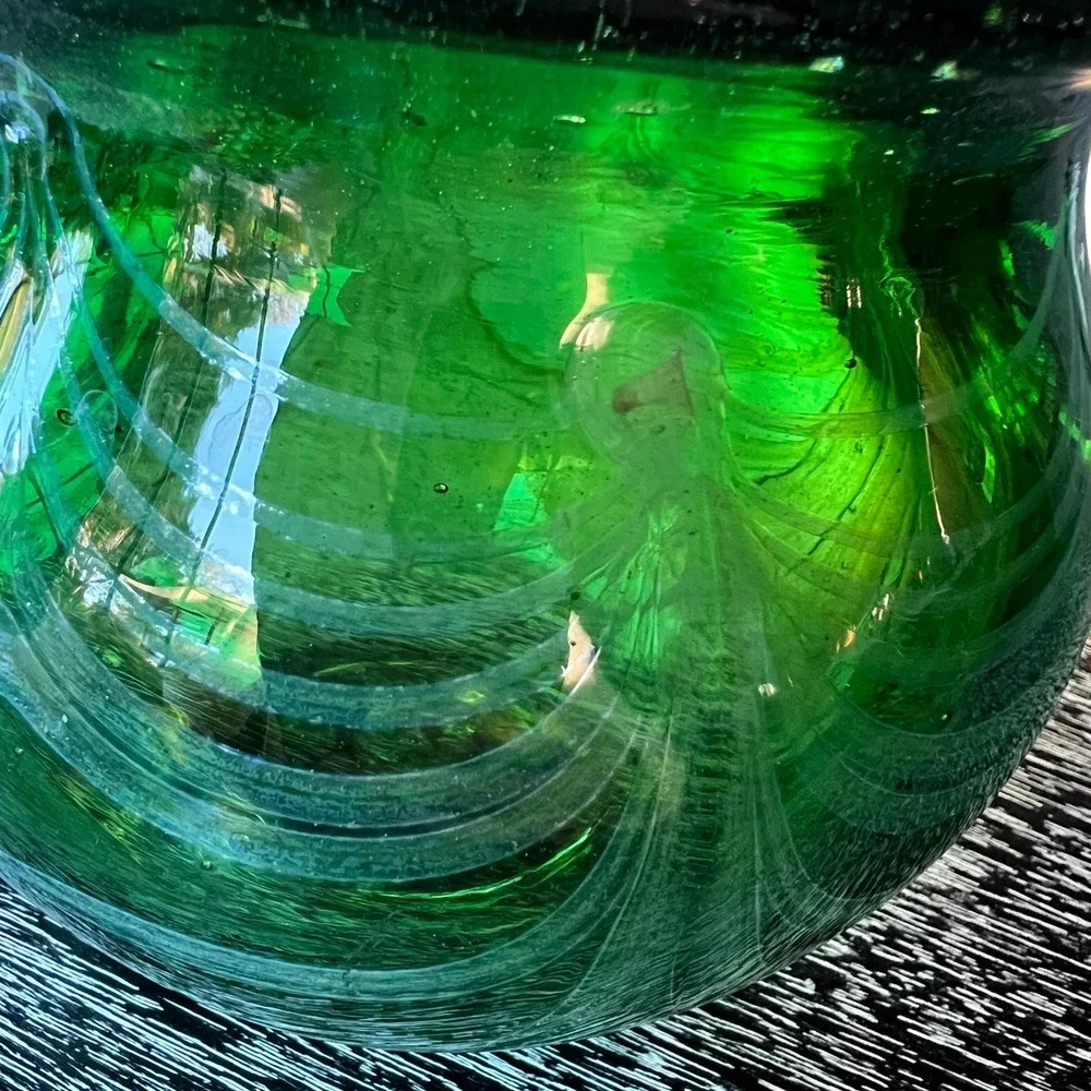 Blown Glass Vase - greenwith blue/gold scallop‎ swirls